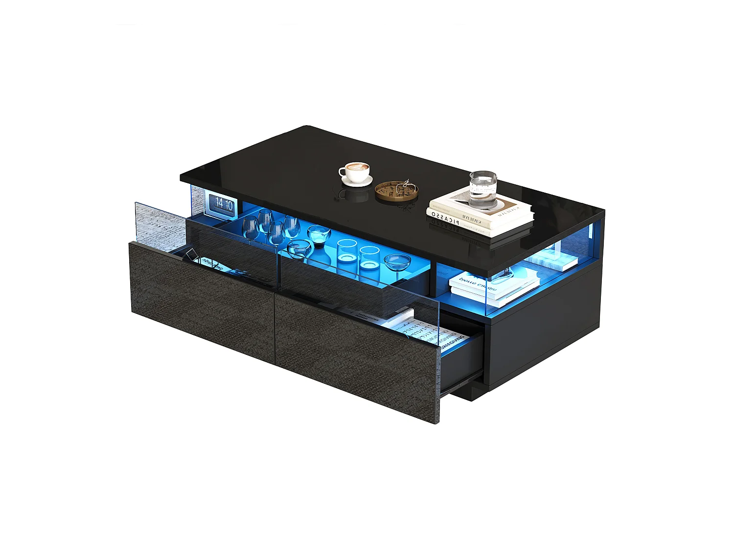 Table basse avec Tablett, 2 tiroirs, design moderne, MDF + verre, noir (90x45x35.5 cm)
