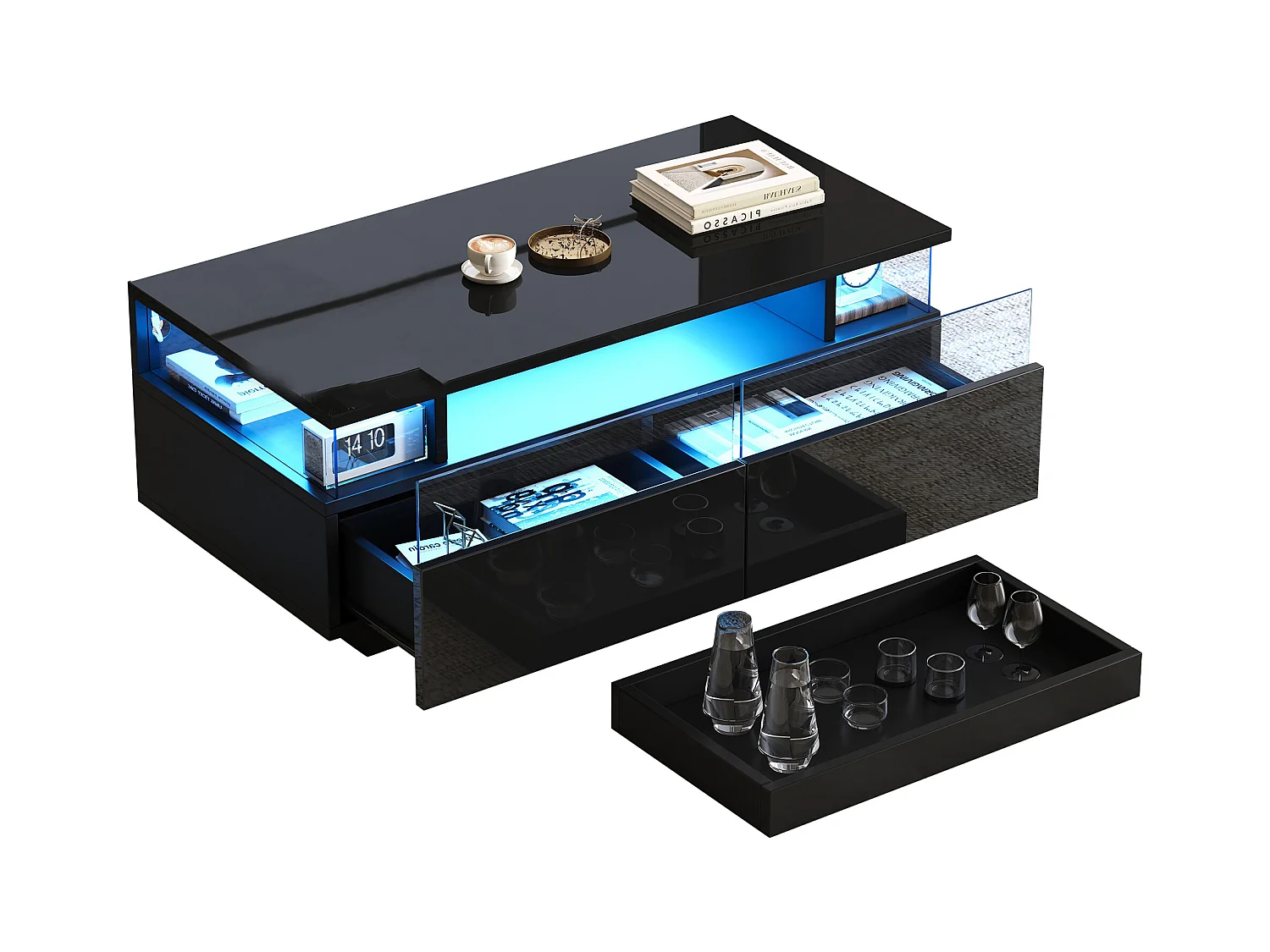 Table basse avec Tablett, 2 tiroirs, design moderne, MDF + verre, noir (90x45x35.5 cm)