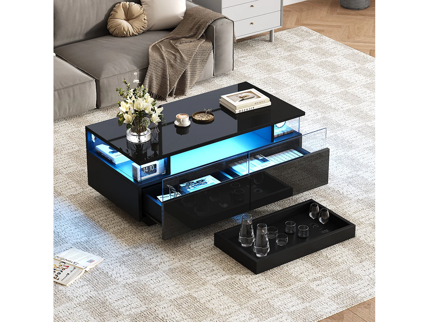 Table basse avec Tablett, 2 tiroirs, design moderne, MDF + verre, noir (90x45x35.5 cm)
