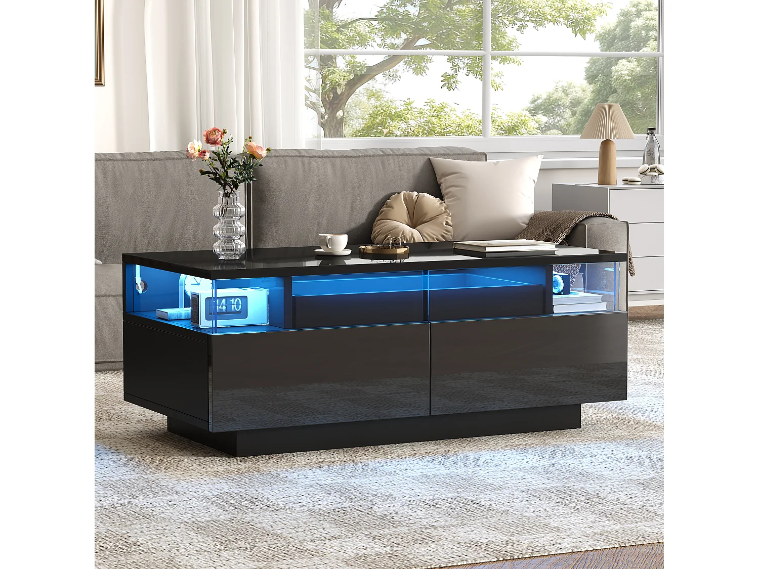 Table basse avec Tablett, 2 tiroirs, design moderne, MDF + verre, noir (90x45x35.5 cm)