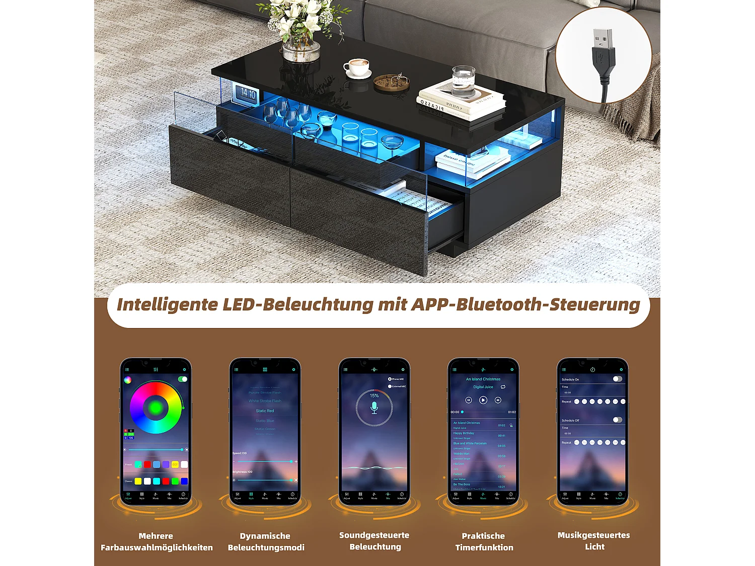 Table basse avec Tablett, 2 tiroirs, design moderne, MDF + verre, noir (90x45x35.5 cm)