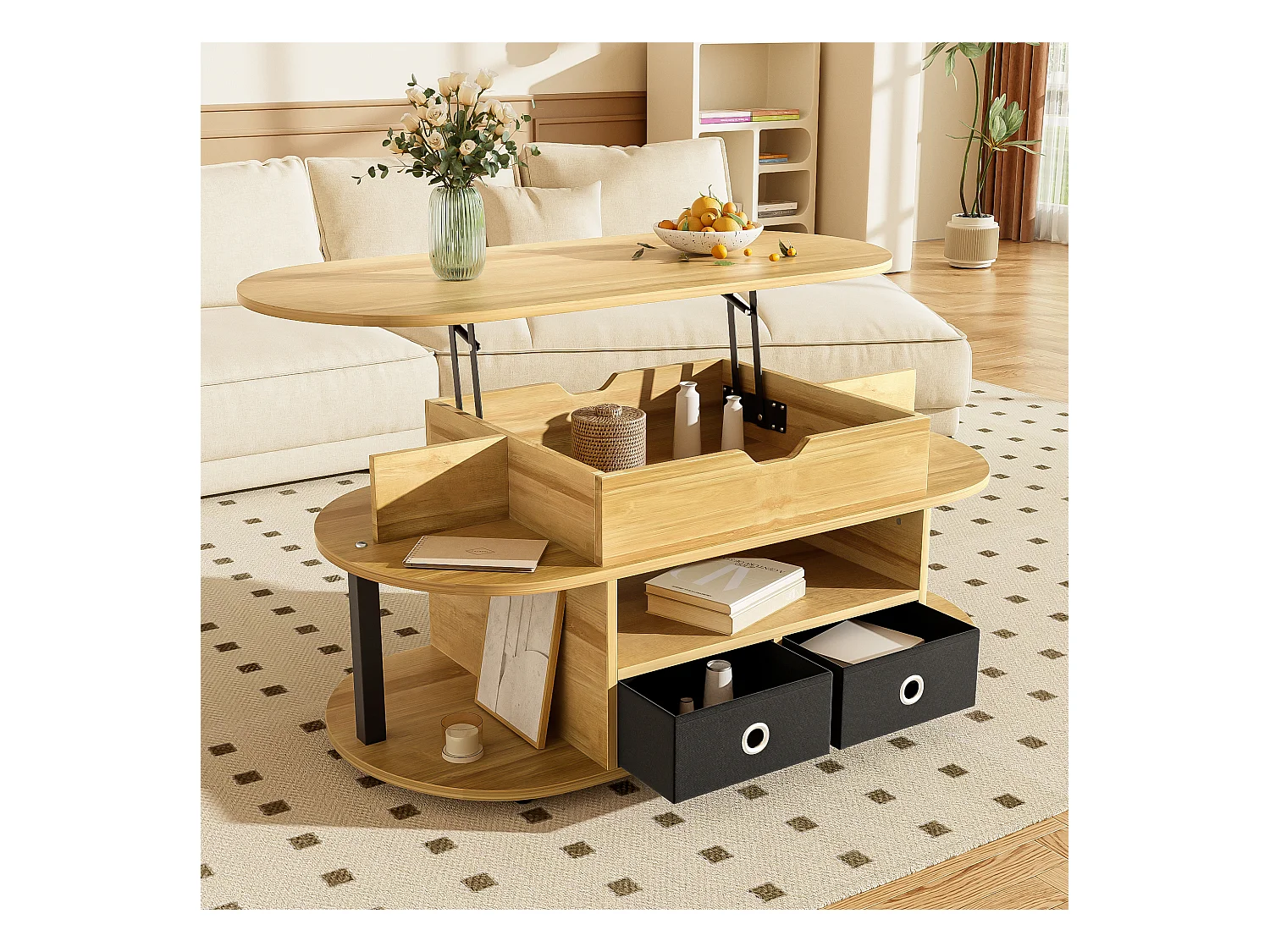 Table basse avec fonction élévatrice, rangement et tiroirs en tissu noir, bois, moderne (105x50x45/60 cm)