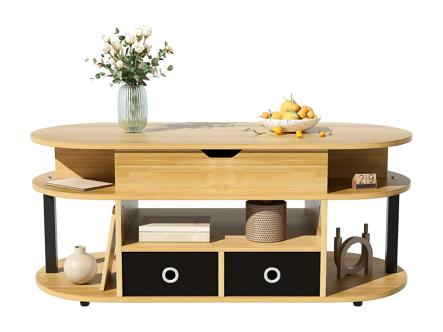 Salontafel met heffunctie, opbergruimte en lades in zwarte stof, hout, modern (105x50x45/60 cm)