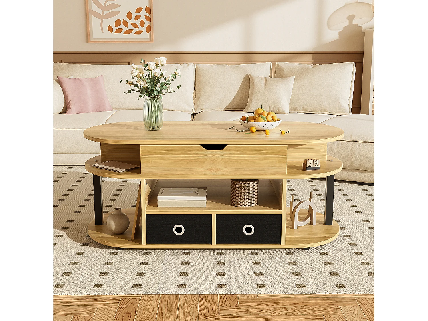 Salontafel met heffunctie, opbergruimte en lades in zwarte stof, hout, modern (105x50x45/60 cm)