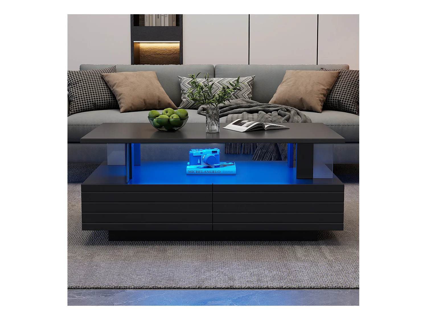 Mesa de centro LED negra con función de almacenamiento, acrílico, control remoto y aplicación móvil, (100x50x42 cm)