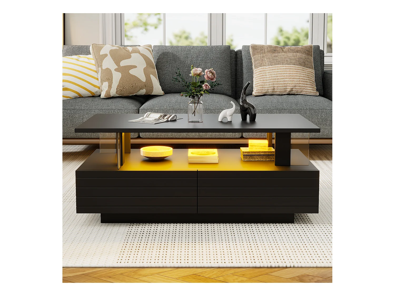 Mesa de centro LED negra con función de almacenamiento, acrílico, control remoto y aplicación móvil, (100x50x42 cm)