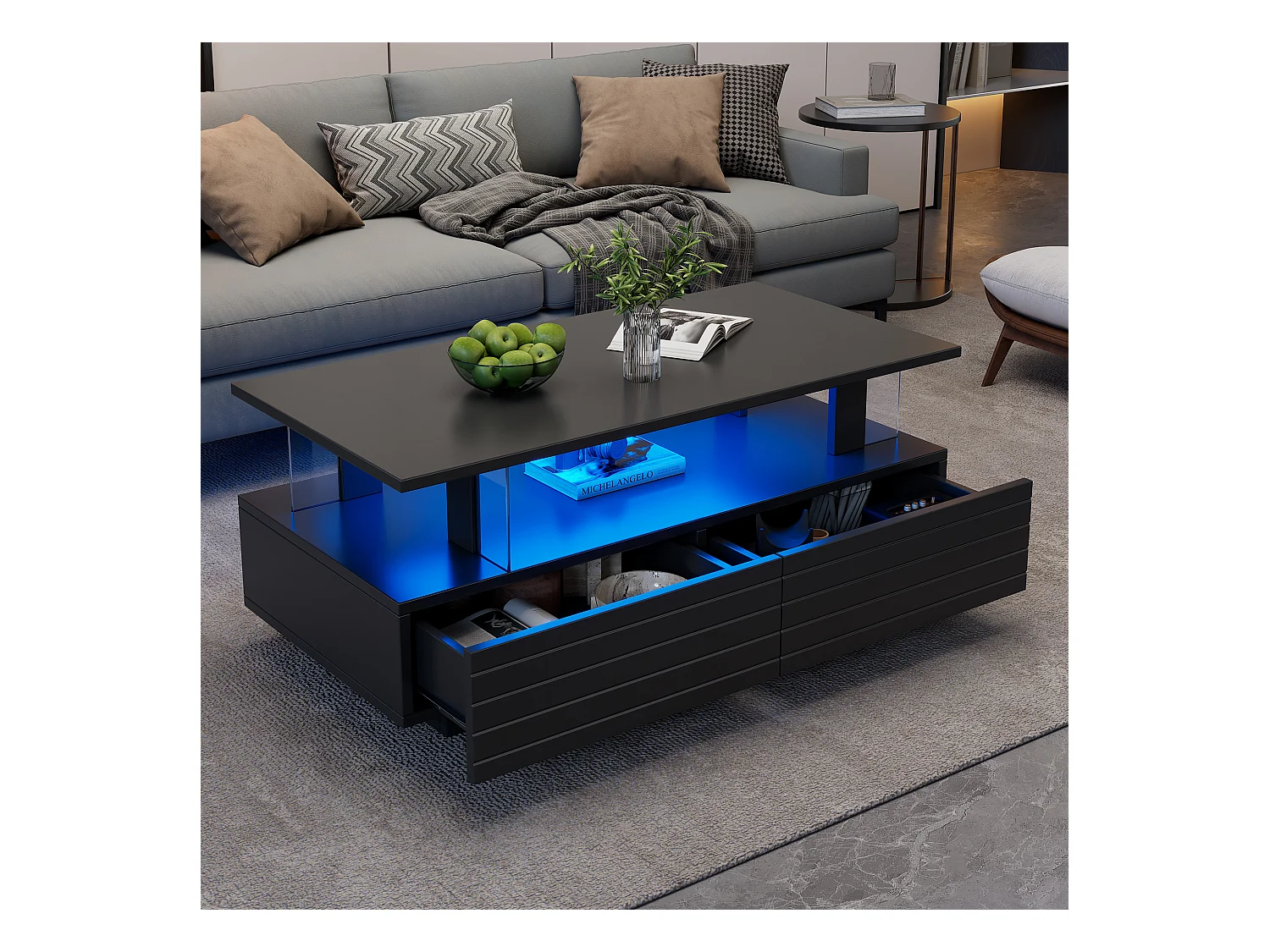 Mesa de centro LED negra con función de almacenamiento, acrílico, control remoto y aplicación móvil, (100x50x42 cm)