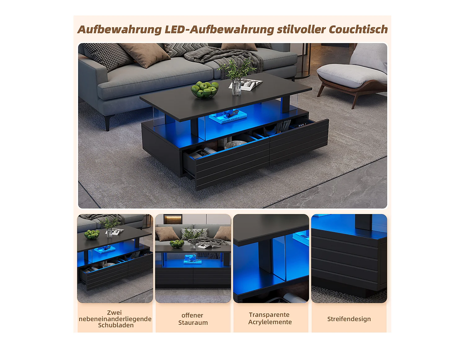 Mesa de centro LED negra con función de almacenamiento, acrílico, control remoto y aplicación móvil, (100x50x42 cm)