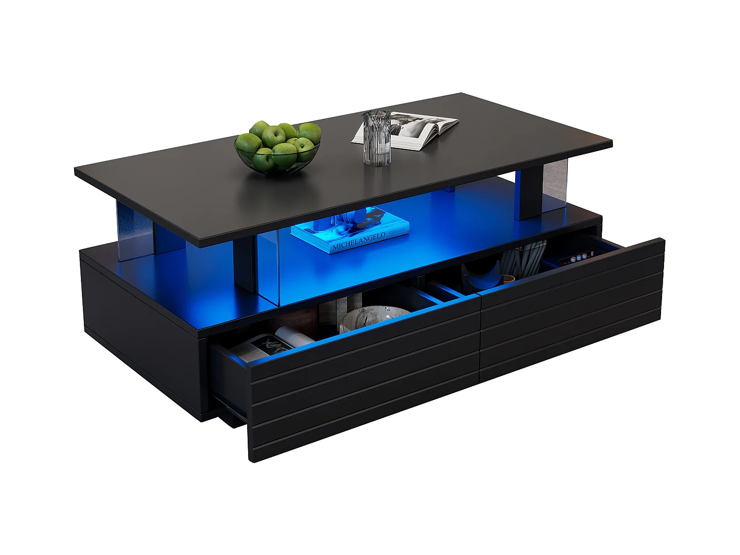 Mesa de centro LED negra con función de almacenamiento, acrílico, control remoto y aplicación móvil, (100x50x42 cm)