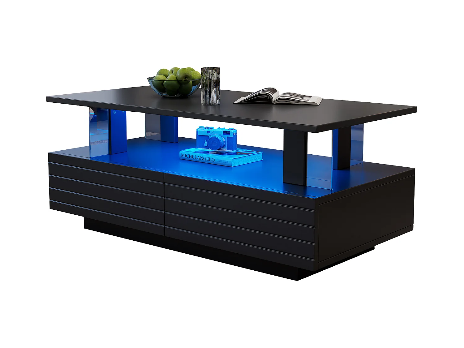 Mesa de centro LED negra con función de almacenamiento, acrílico, control remoto y aplicación móvil, (100x50x42 cm)