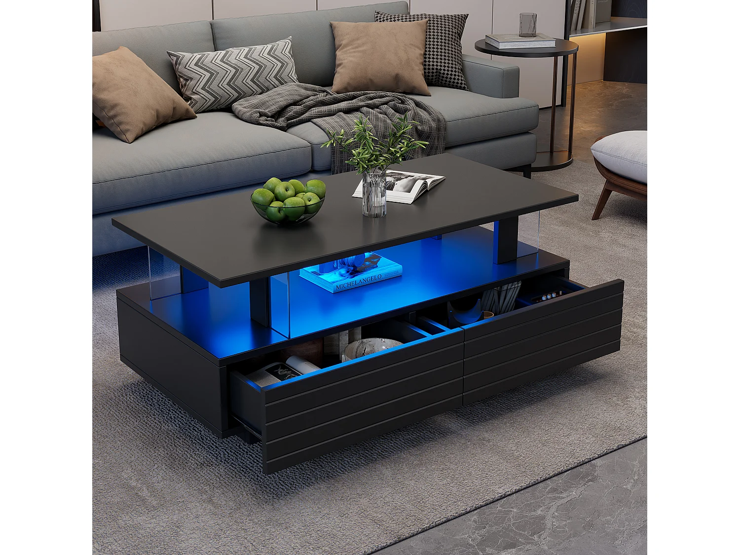 Mesa de centro LED negra con función de almacenamiento, acrílico, control remoto y aplicación móvil, (100x50x42 cm)