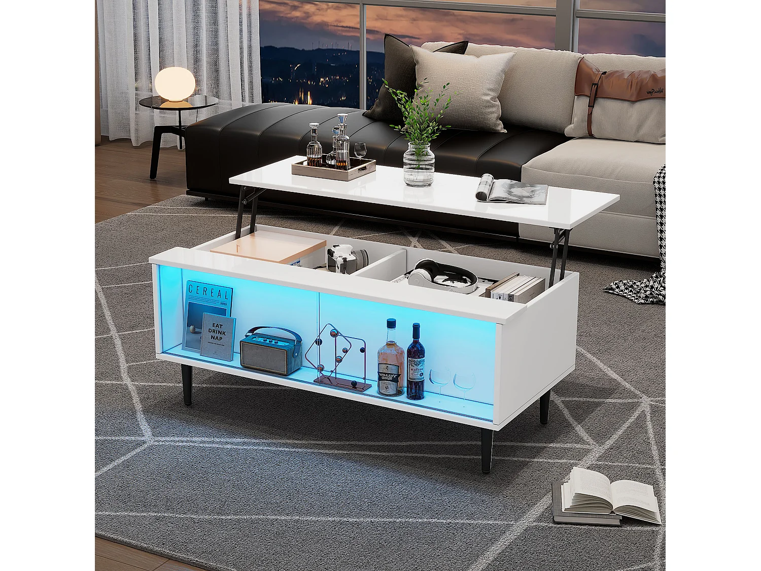 Table basse réglable avec LED, table de salon avec rangement et verre trempé, blanc (105x50x43 cm)