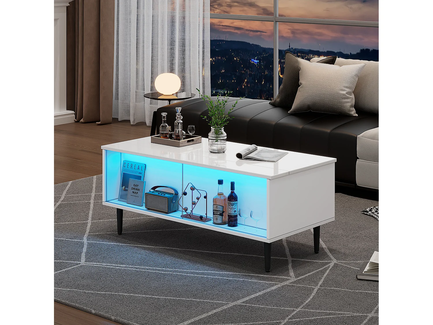 Table basse réglable avec LED, table de salon avec rangement et verre trempé, blanc (105x50x43 cm)