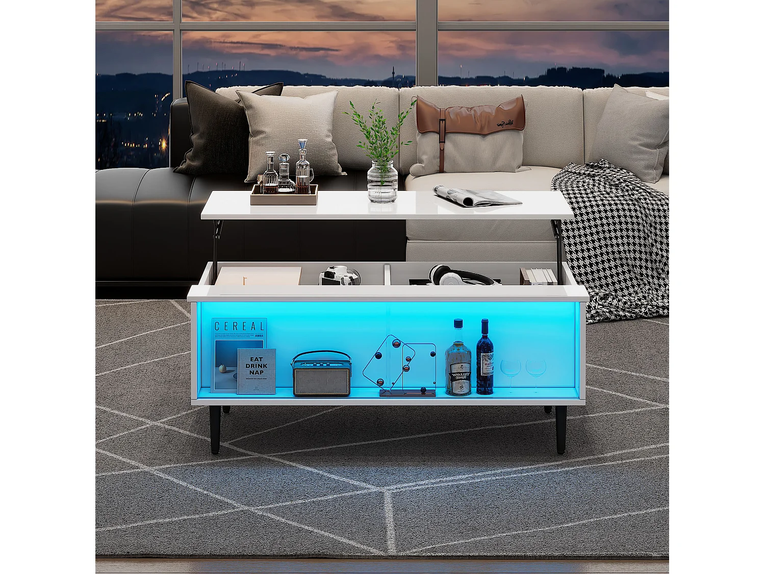 Table basse réglable avec LED, table de salon avec rangement et verre trempé, blanc (105x50x43 cm)