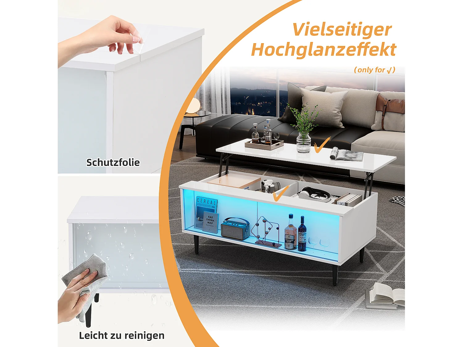 Table basse réglable avec LED, table de salon avec rangement et verre trempé, blanc (105x50x43 cm)