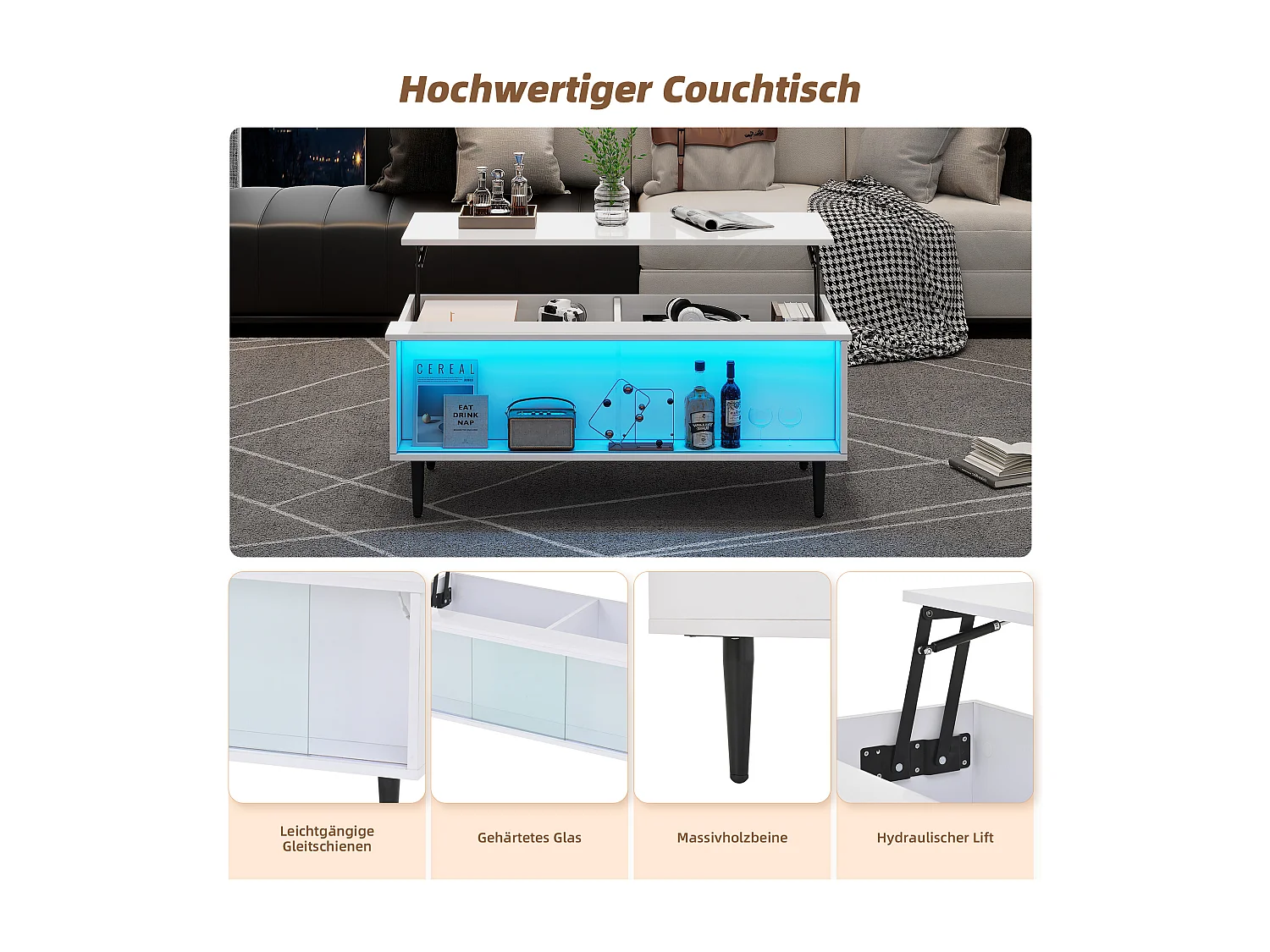 Table basse réglable avec LED, table de salon avec rangement et verre trempé, blanc (105x50x43 cm)