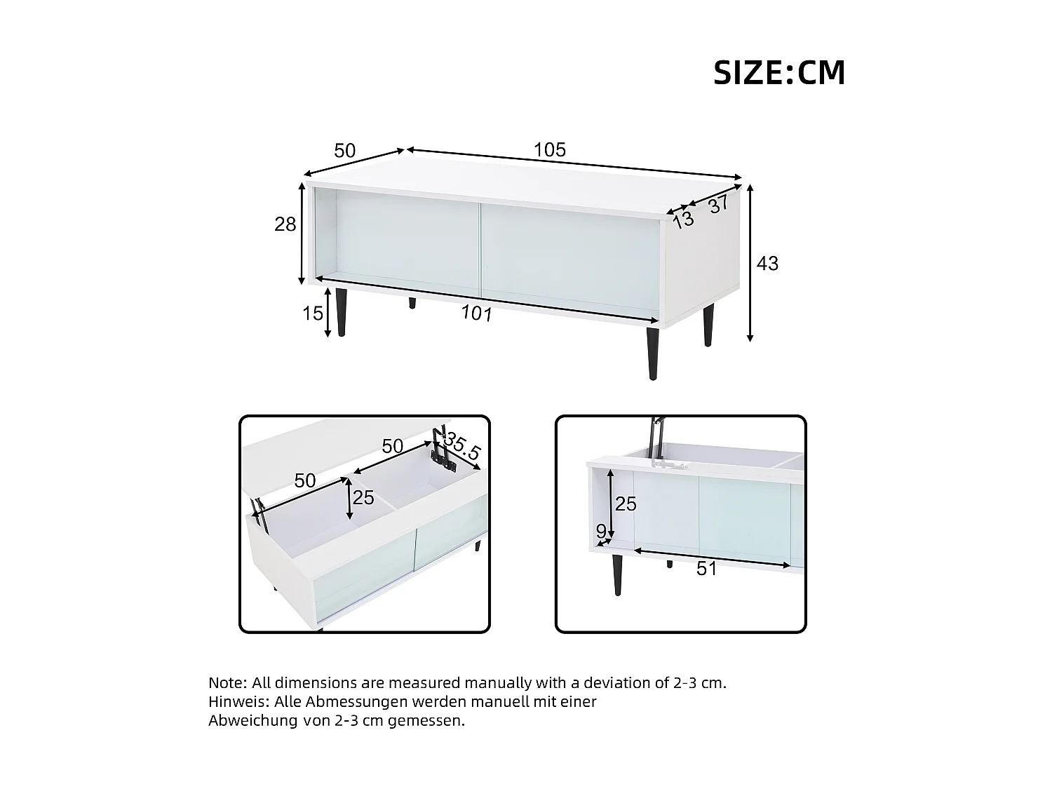 Table basse réglable avec LED, table de salon avec rangement et verre trempé, blanc (105x50x43 cm)