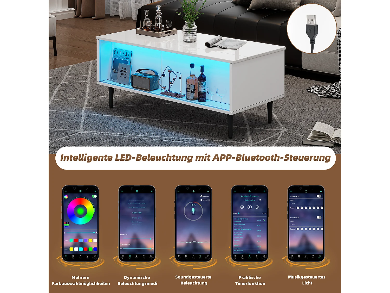 Table basse réglable avec LED, table de salon avec rangement et verre trempé, blanc (105x50x43 cm)