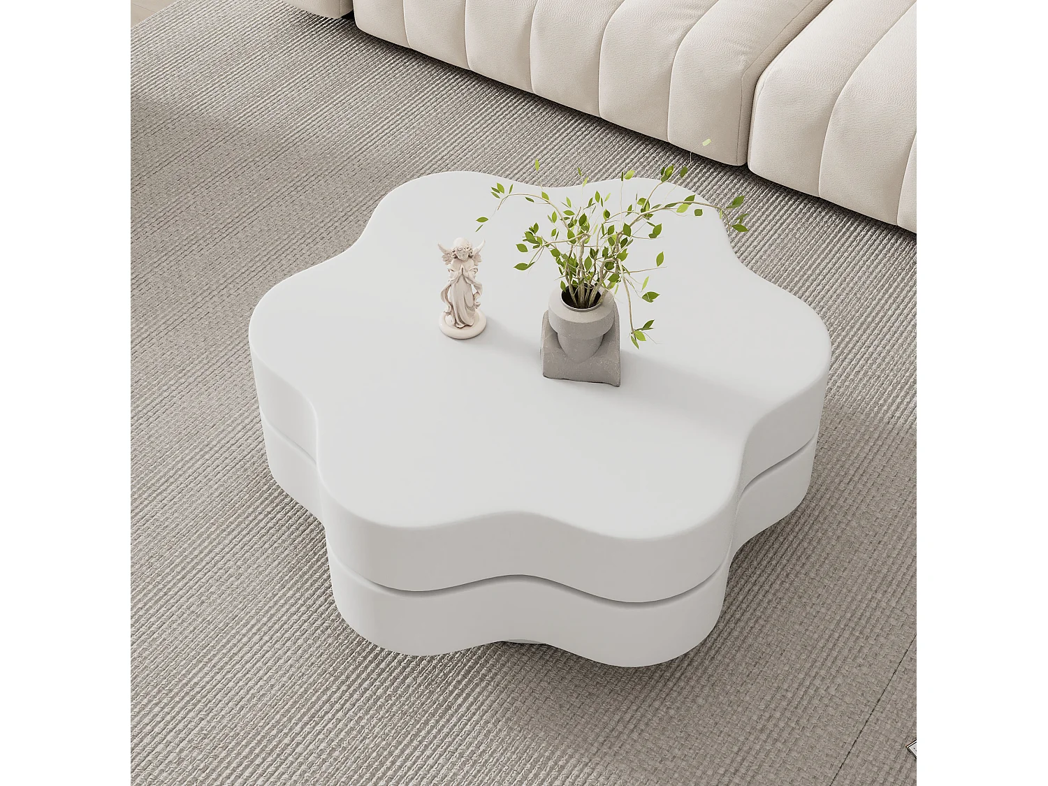 Ronde salontafel met 360° draaibaar blad en LED, bloemmotief, MDF, crème (74,8x67,5x31 cm)