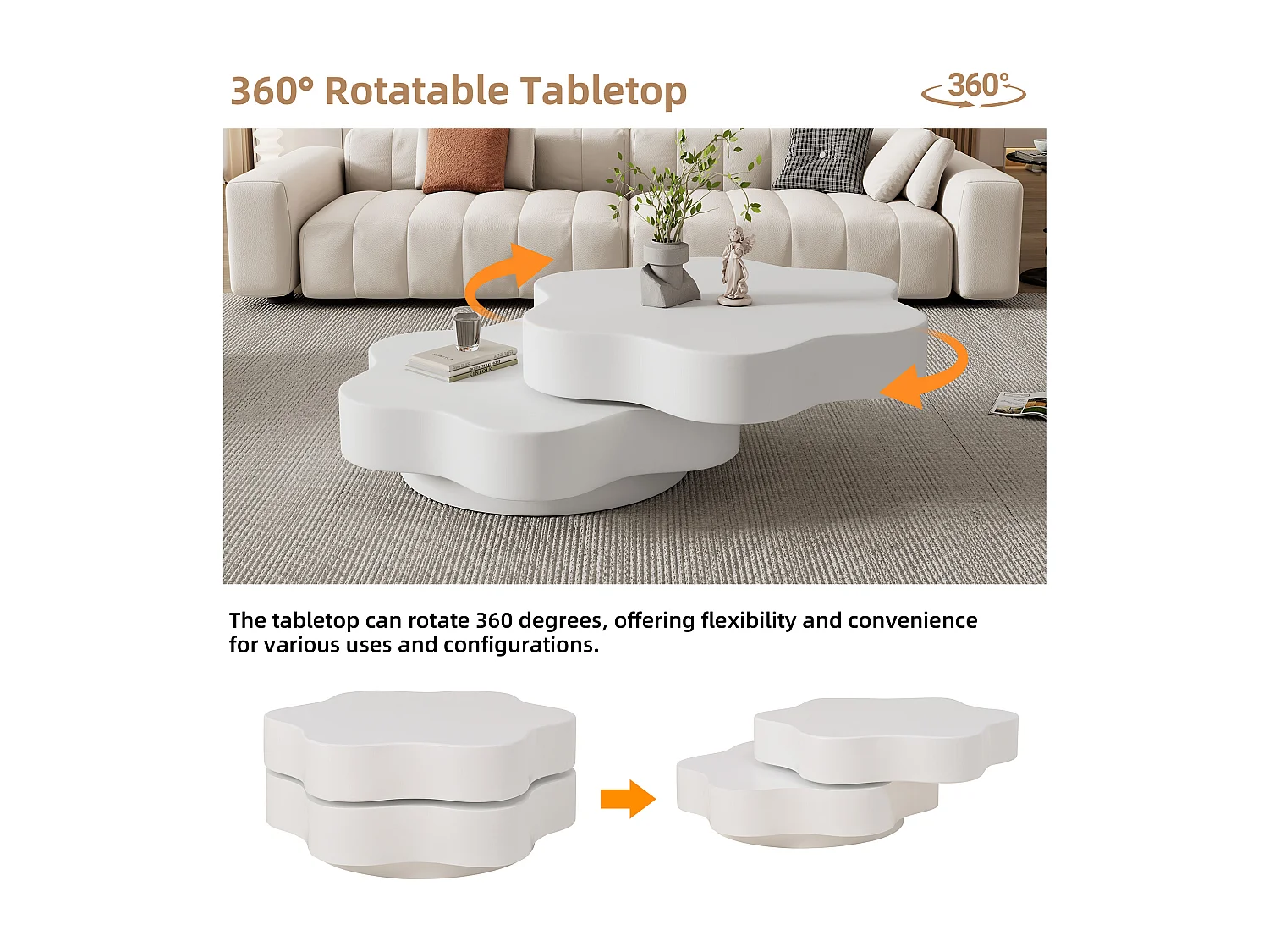 Ronde salontafel met 360° draaibaar blad en LED, bloemmotief, MDF, crème (74,8x67,5x31 cm)