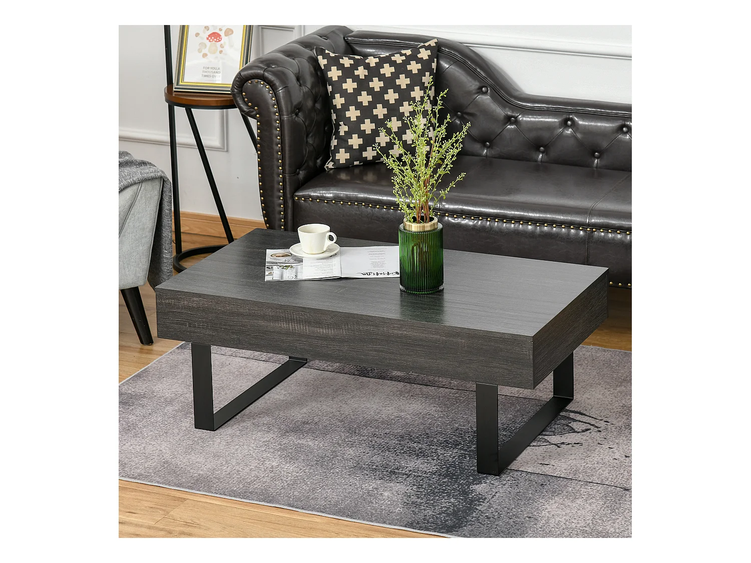 Table basse avec tiroir et étagères, structure acier, panneau particules gris foncé (110x60x40cm)