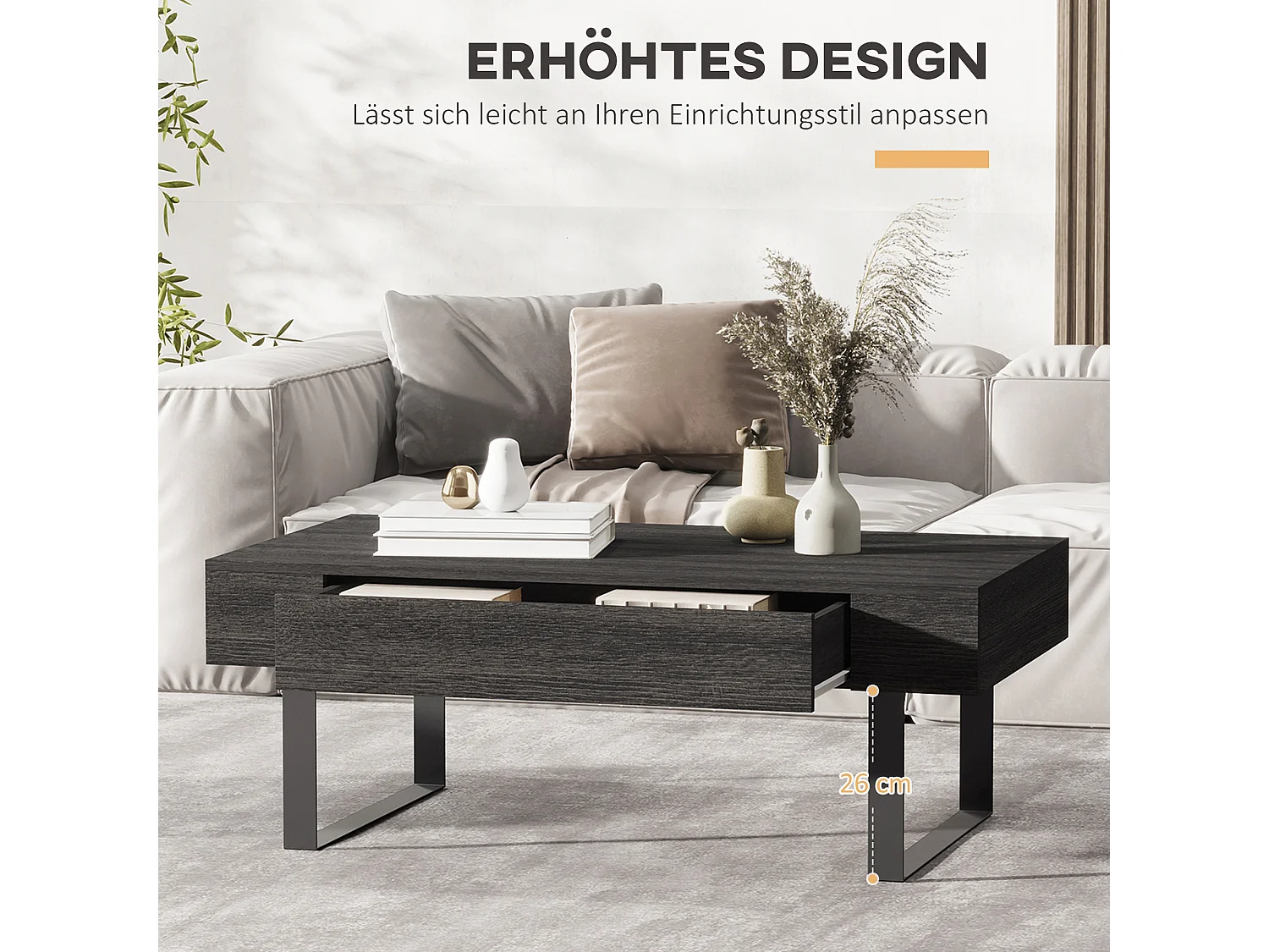 Table basse avec tiroir et étagères, structure acier, panneau particules gris foncé (110x60x40cm)