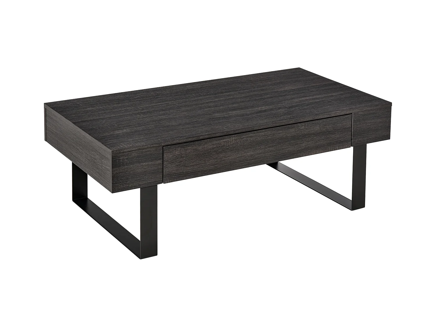 Table basse avec tiroir et étagères, structure acier, panneau particules gris foncé (110x60x40cm)