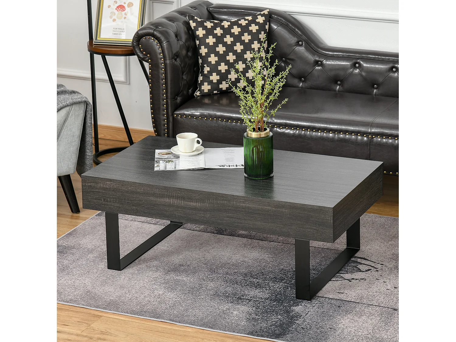 Couchtisch mit Schublade und Regalen, Stahlkonstruktion, dunkelgraue Spanplatte (110x60x40cm)