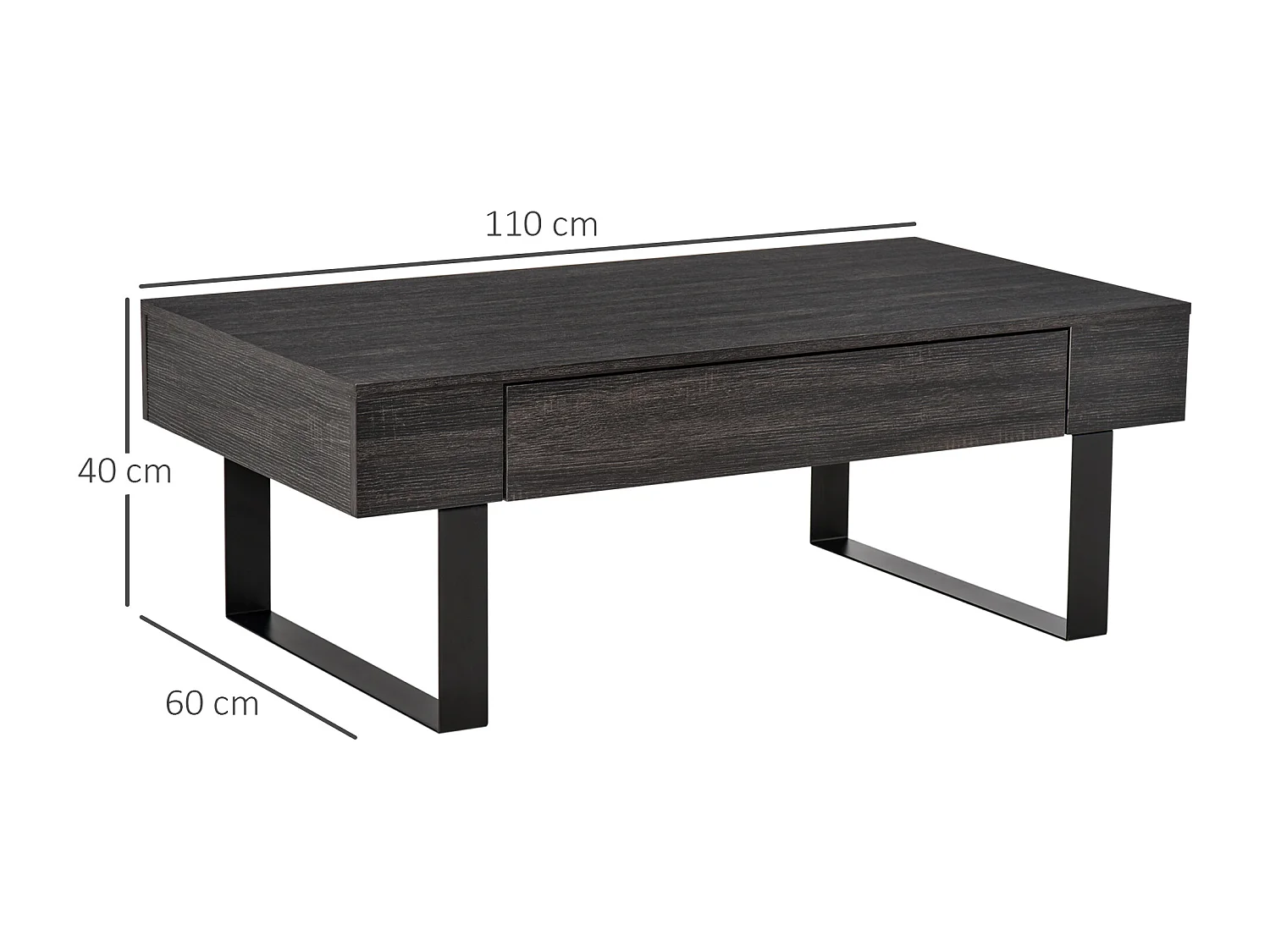 Couchtisch mit Schublade und Regalen, Stahlkonstruktion, dunkelgraue Spanplatte (110x60x40cm)
