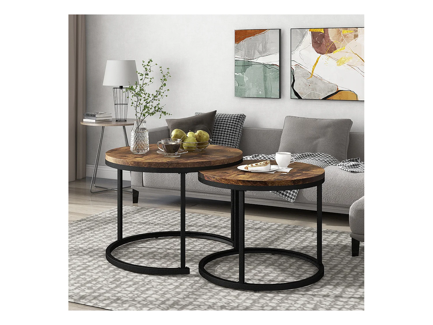 Table basse ronde 2 pièces, tables gigognes modernes, MDF, bois brun (50x70.5x37 cm / 45.5x44x37 cm)