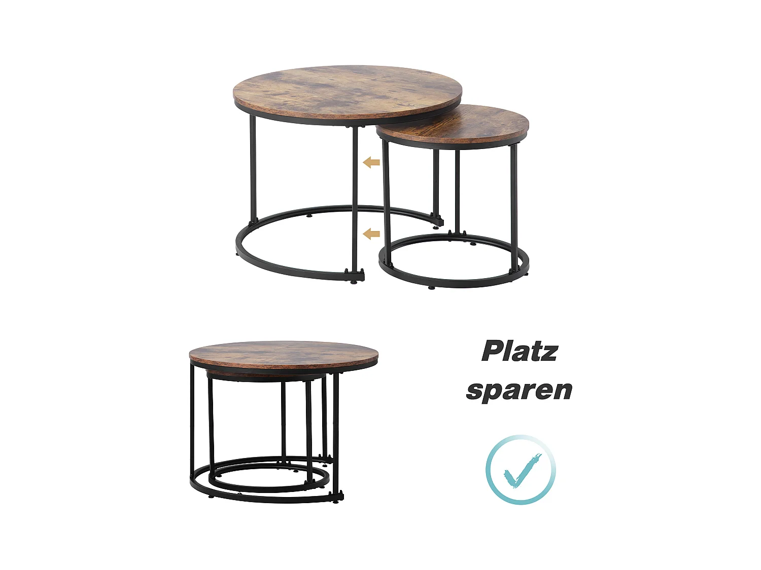 Table basse ronde 2 pièces, tables gigognes modernes, MDF, bois brun (50x70.5x37 cm / 45.5x44x37 cm)