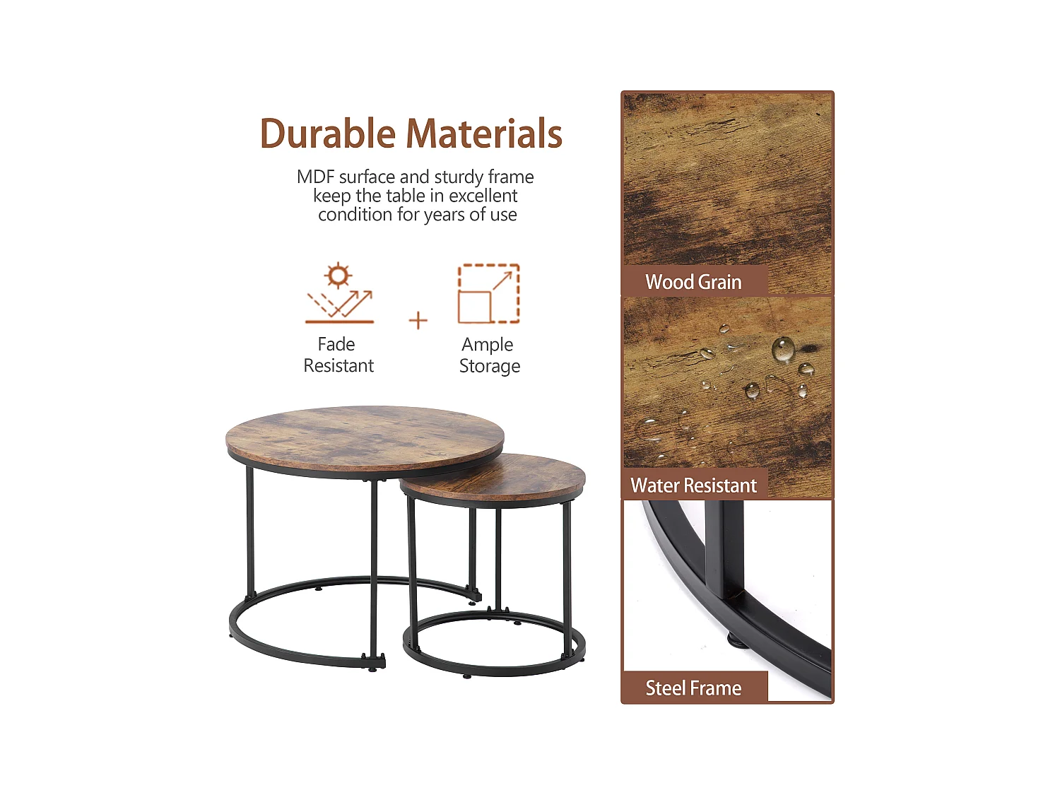 Table basse ronde 2 pièces, tables gigognes modernes, MDF, bois brun (50x70.5x37 cm / 45.5x44x37 cm)