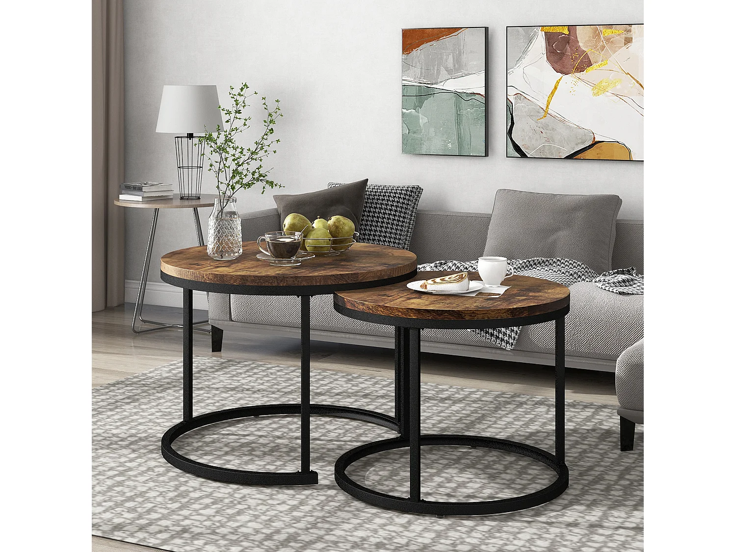 Ronde salontafel (2-delig), moderne bijzettafels, MDF, bruin hout (50x70,5x37 cm / 45,5x44x37 cm)