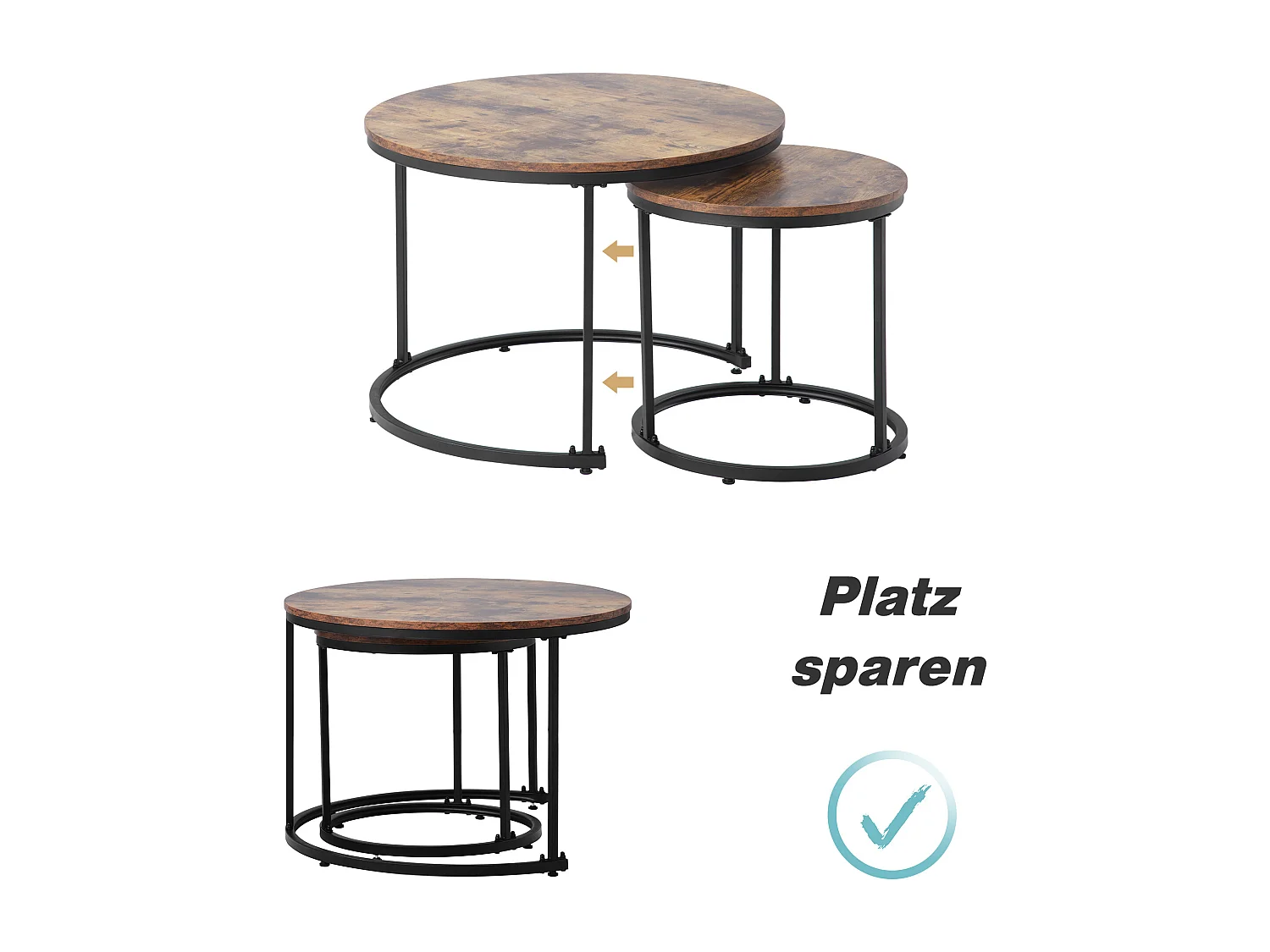 Ronde salontafel (2-delig), moderne bijzettafels, MDF, bruin hout (50x70,5x37 cm / 45,5x44x37 cm)