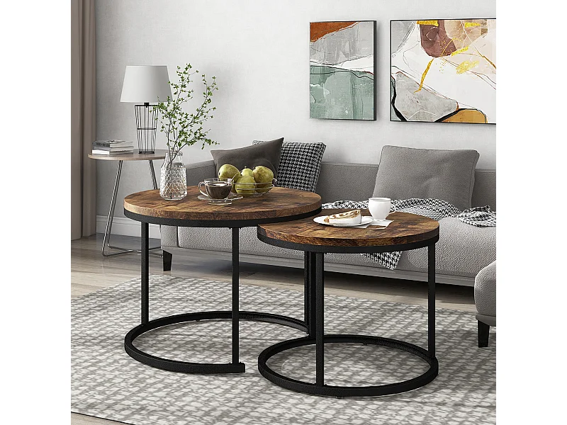 Ronde salontafel (2-delig), moderne bijzettafels, MDF, bruin hout (50x70,5x37 cm / 45,5x44x37 cm)