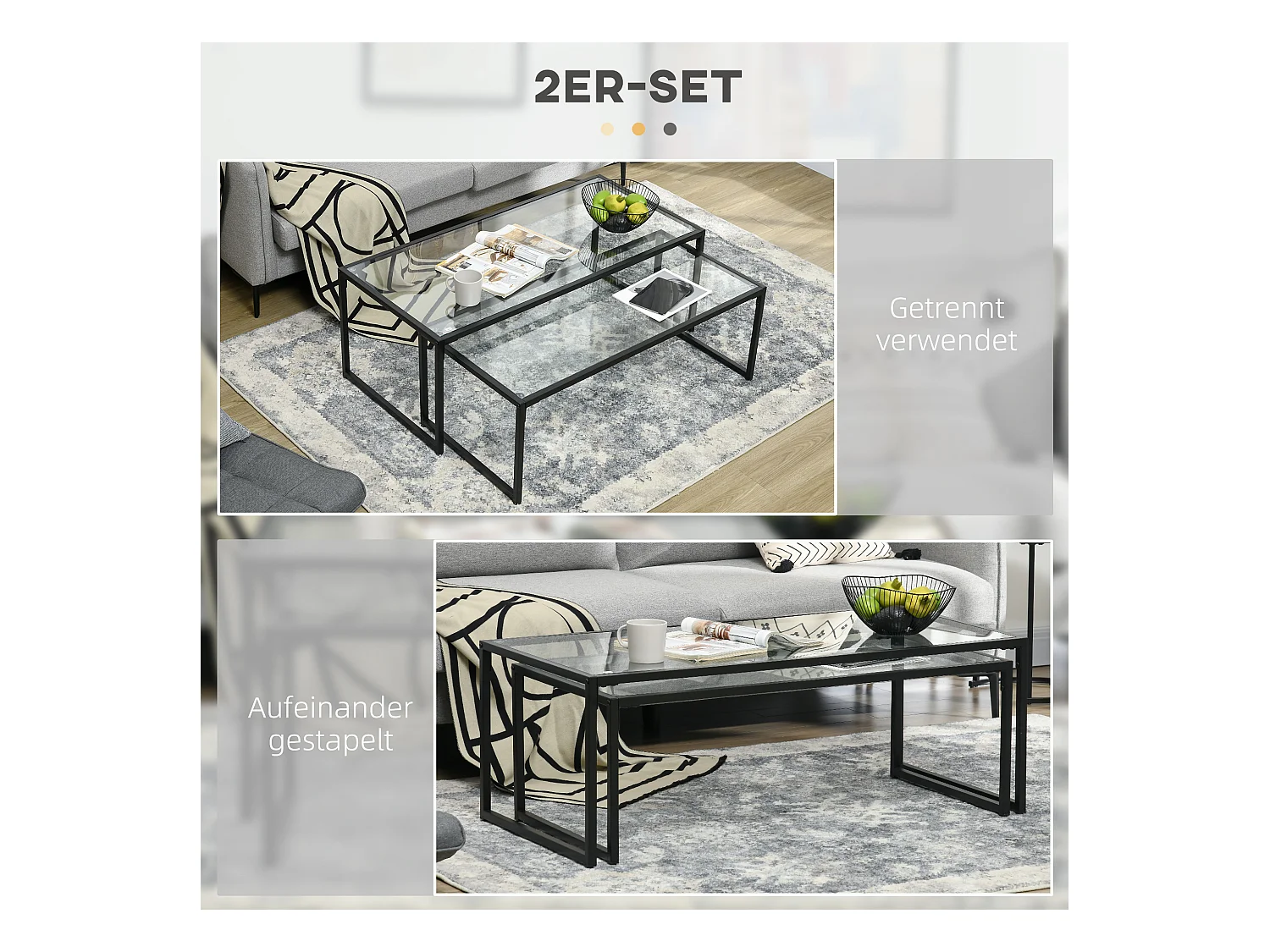 Salontafelset, 2-delig, gehard glas, metaal, zwart (119x56x44,5 cm)