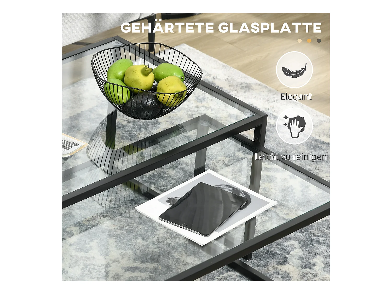 Salontafelset, 2-delig, gehard glas, metaal, zwart (119x56x44,5 cm)