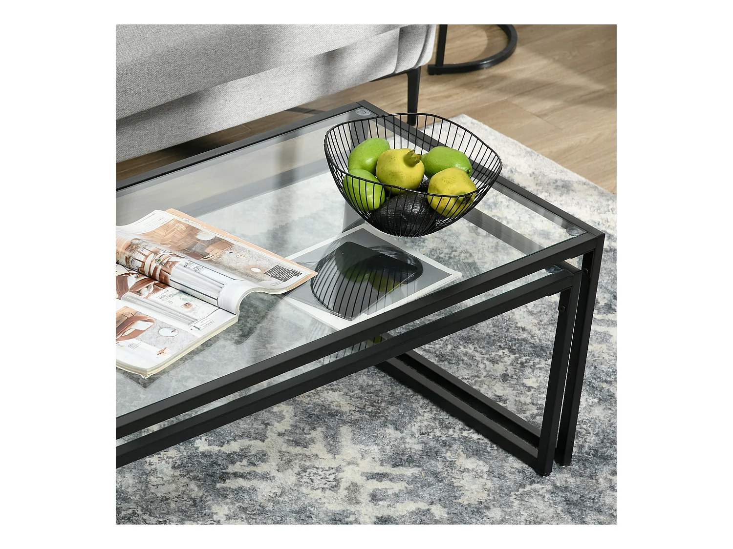 Salontafelset, 2-delig, gehard glas, metaal, zwart (119x56x44,5 cm)