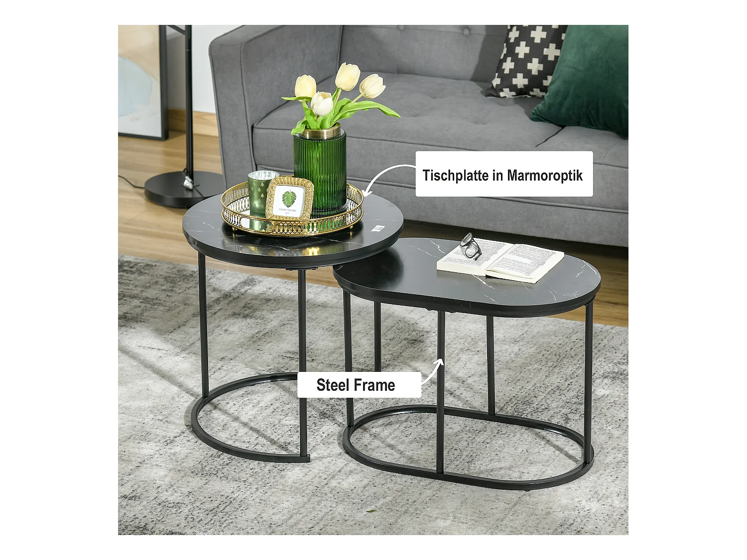 Set de 2 tables basses rondes et ovales empilables, en MDF et acier, noir (50x50x50.5 cm)