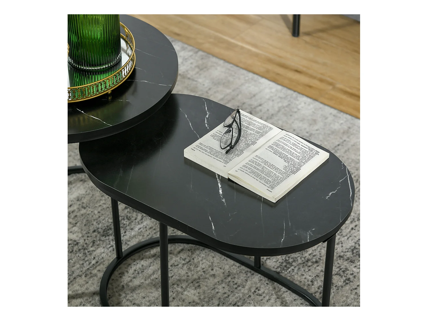 Set de 2 tables basses rondes et ovales empilables, en MDF et acier, noir (50x50x50.5 cm)