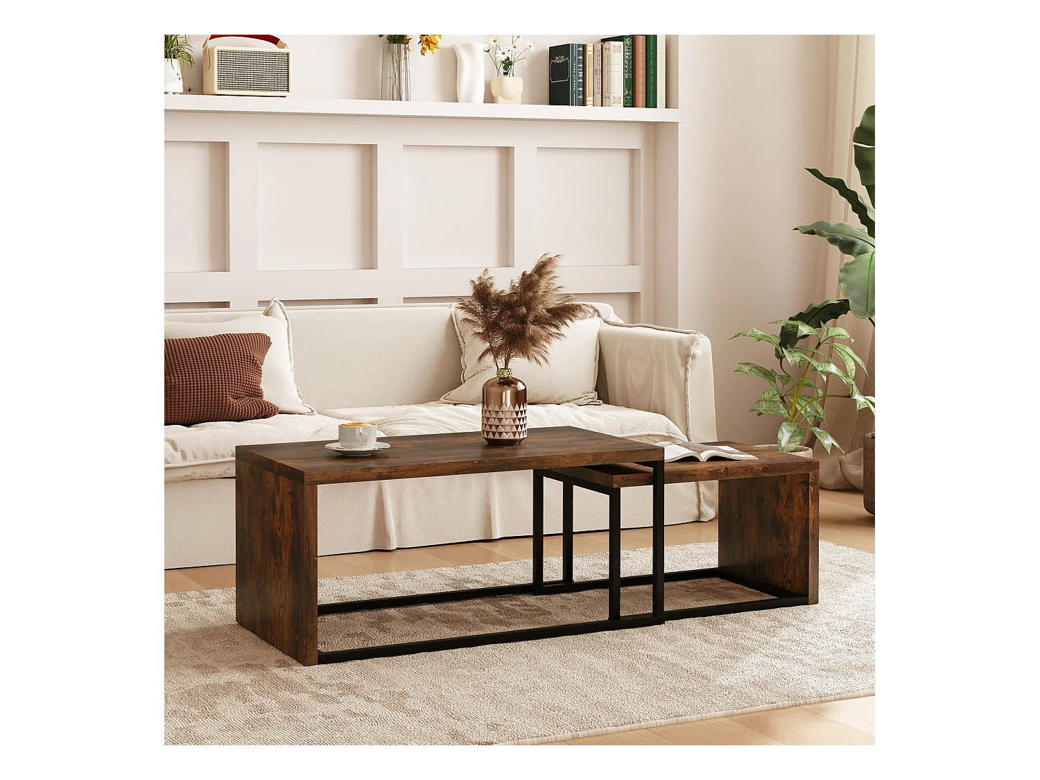 Salontafel met 2 bijzettafels, modern design, hout en metaal, zwart en bruin (100x55x42 cm)