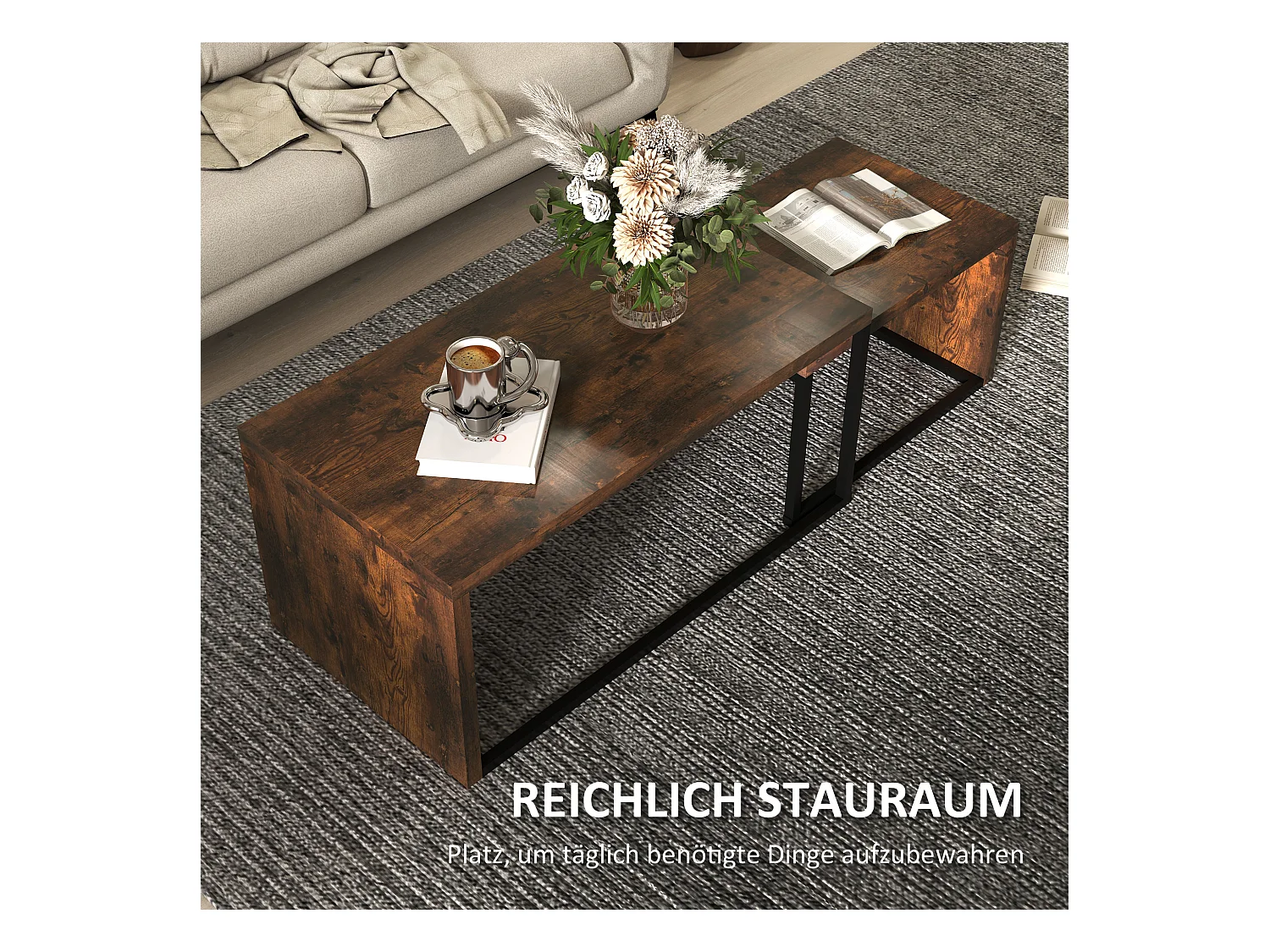 Salontafel met 2 bijzettafels, modern design, hout en metaal, zwart en bruin (100x55x42 cm)