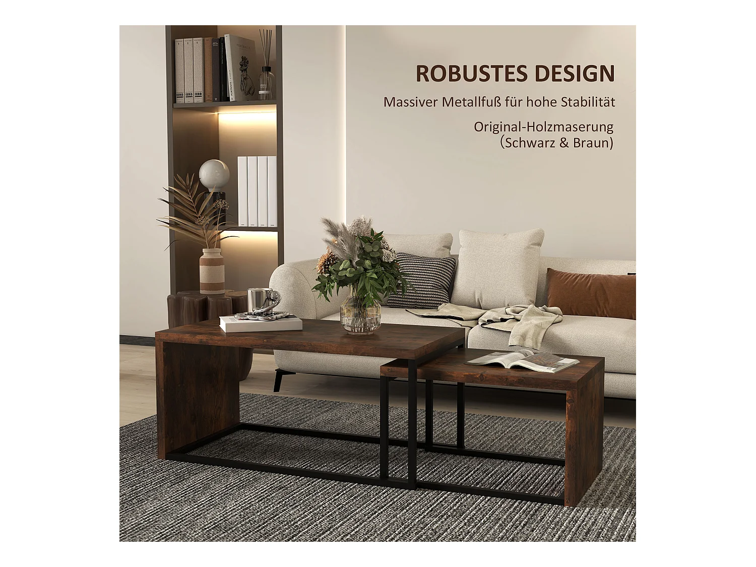 Salontafel met 2 bijzettafels, modern design, hout en metaal, zwart en bruin (100x55x42 cm)