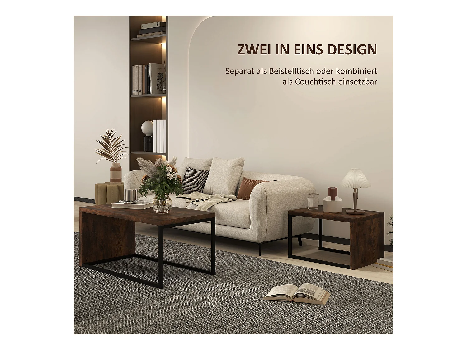 Salontafel met 2 bijzettafels, modern design, hout en metaal, zwart en bruin (100x55x42 cm)