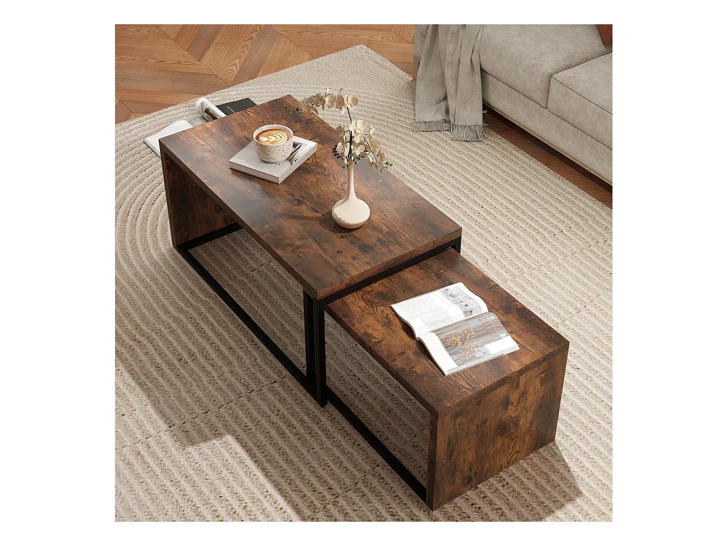 Salontafel met 2 bijzettafels, modern design, hout en metaal, zwart en bruin (100x55x42 cm)