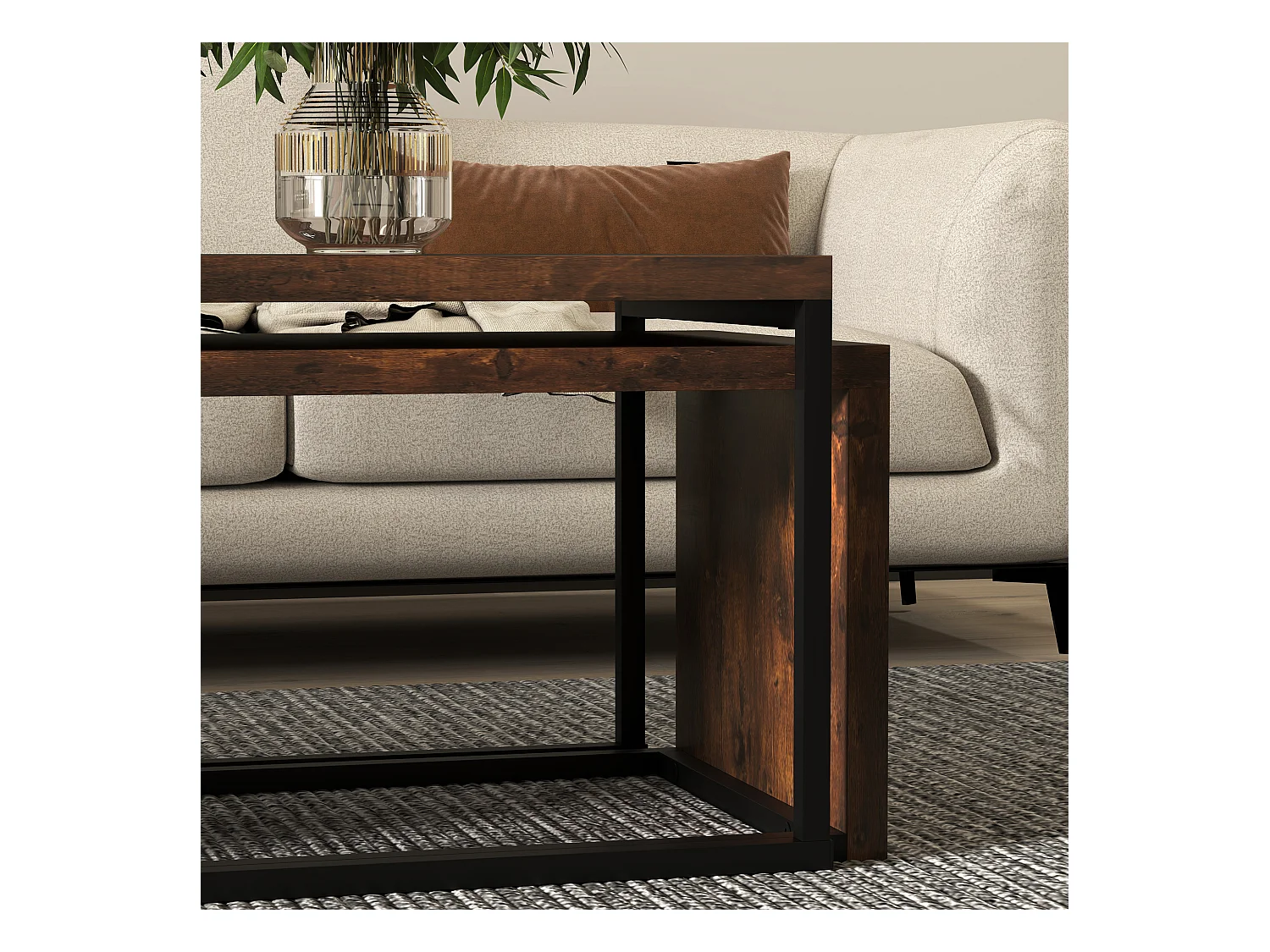 Salontafel met 2 bijzettafels, modern design, hout en metaal, zwart en bruin (100x55x42 cm)