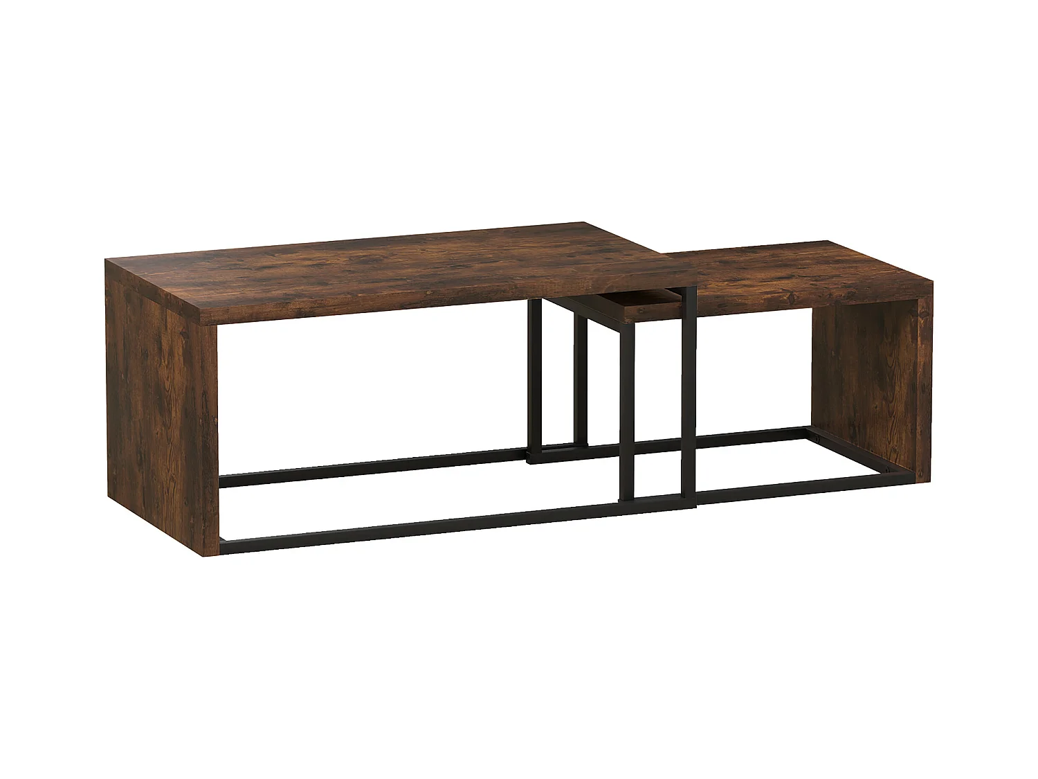 Table basse avec 2 tables d'appoint, design moderne, bois et métal, noir et marron (100x55x42 cm)