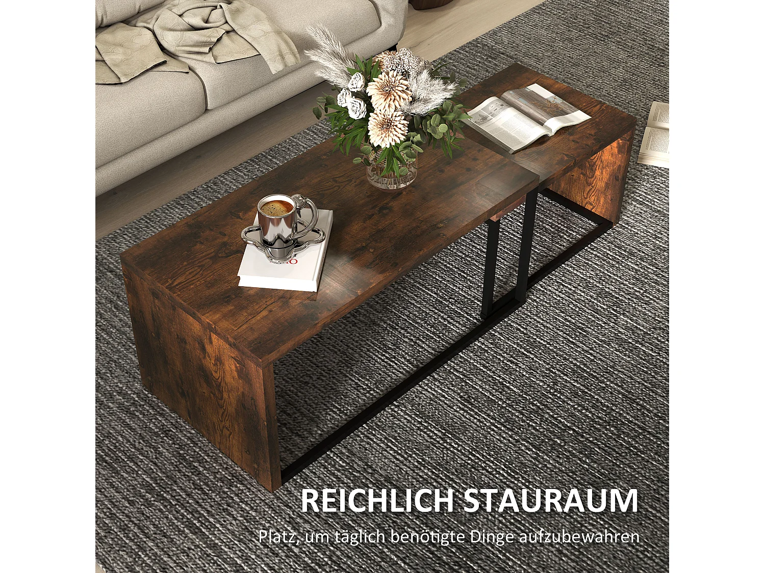 Table basse avec 2 tables d'appoint, design moderne, bois et métal, noir et marron (100x55x42 cm)