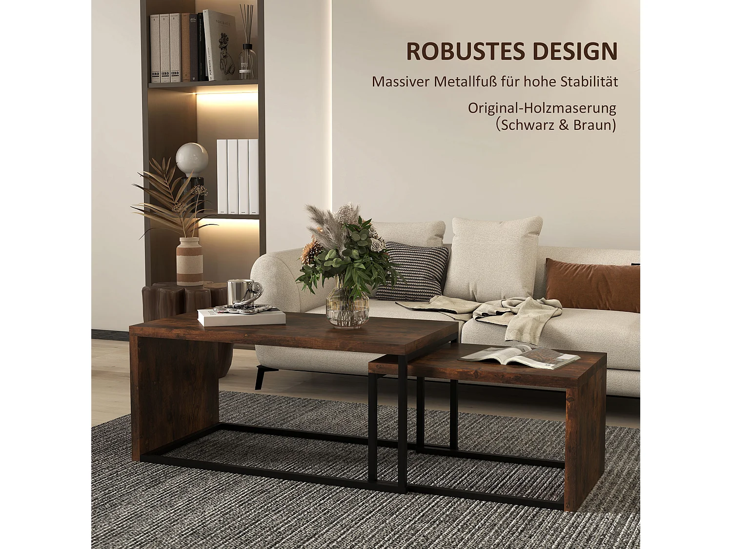 Table basse avec 2 tables d'appoint, design moderne, bois et métal, noir et marron (100x55x42 cm)