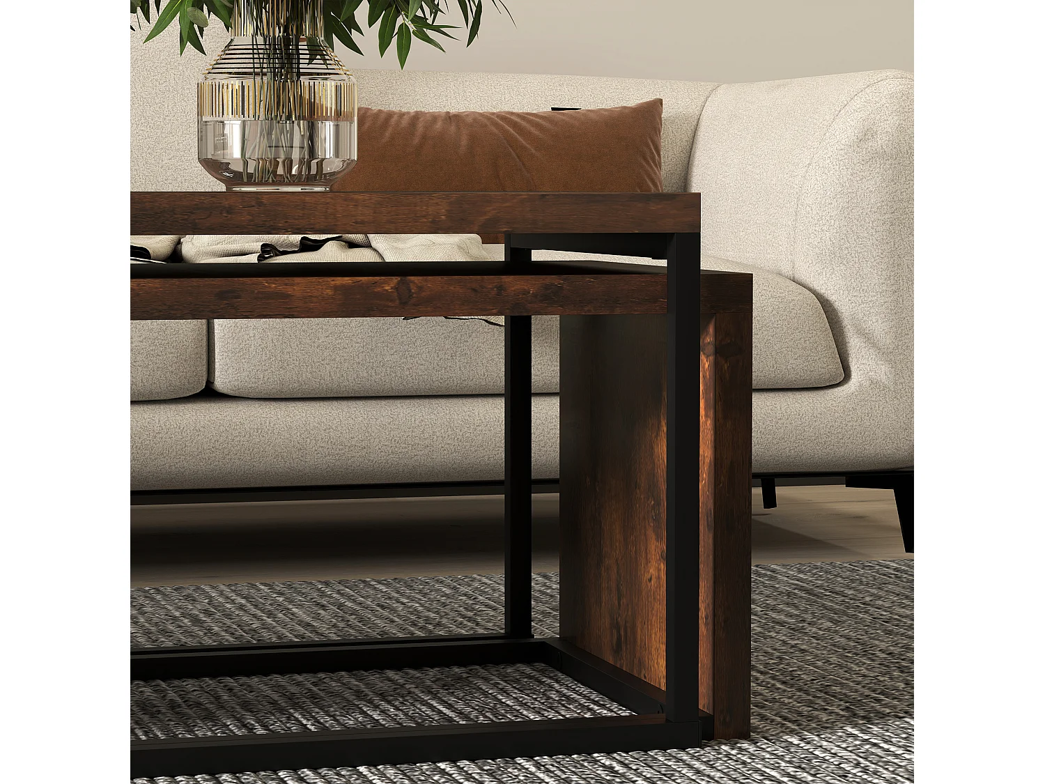 Table basse avec 2 tables d'appoint, design moderne, bois et métal, noir et marron (100x55x42 cm)